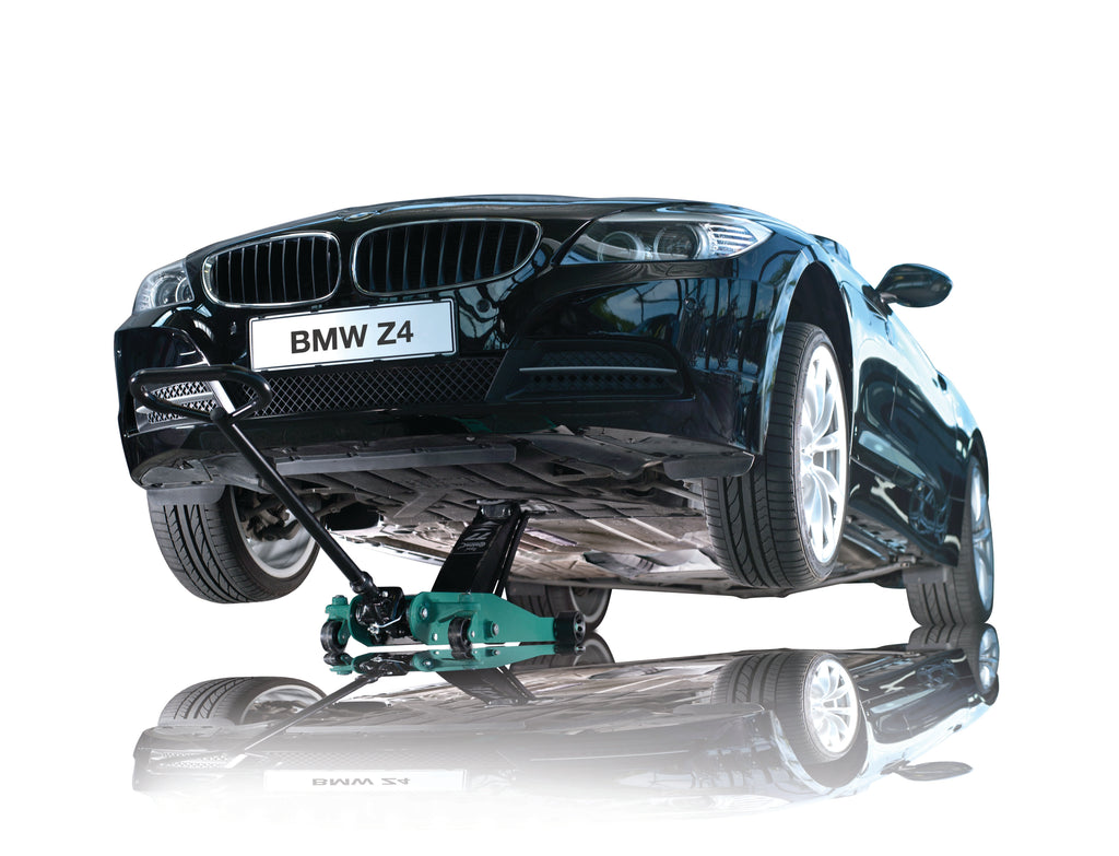 Trolley jack, 2-ton, low entry height mounted with hard rubber wheels></p> 2T-77 + HR Wheels