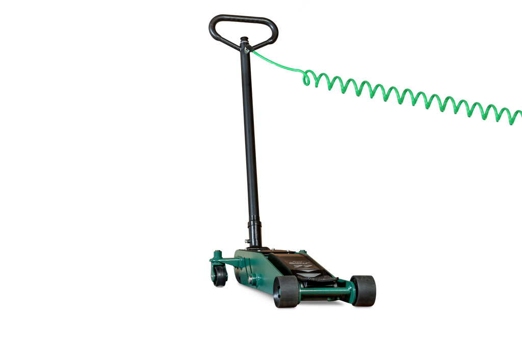 Air hydraulic trolley jack 1,6-ton, ultra low entry height, mounted with bogie wheels